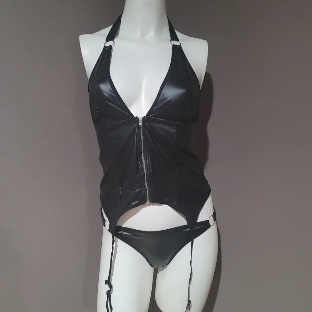 Vegan  Leather Solid Zipper Front Garter Lingerie Set